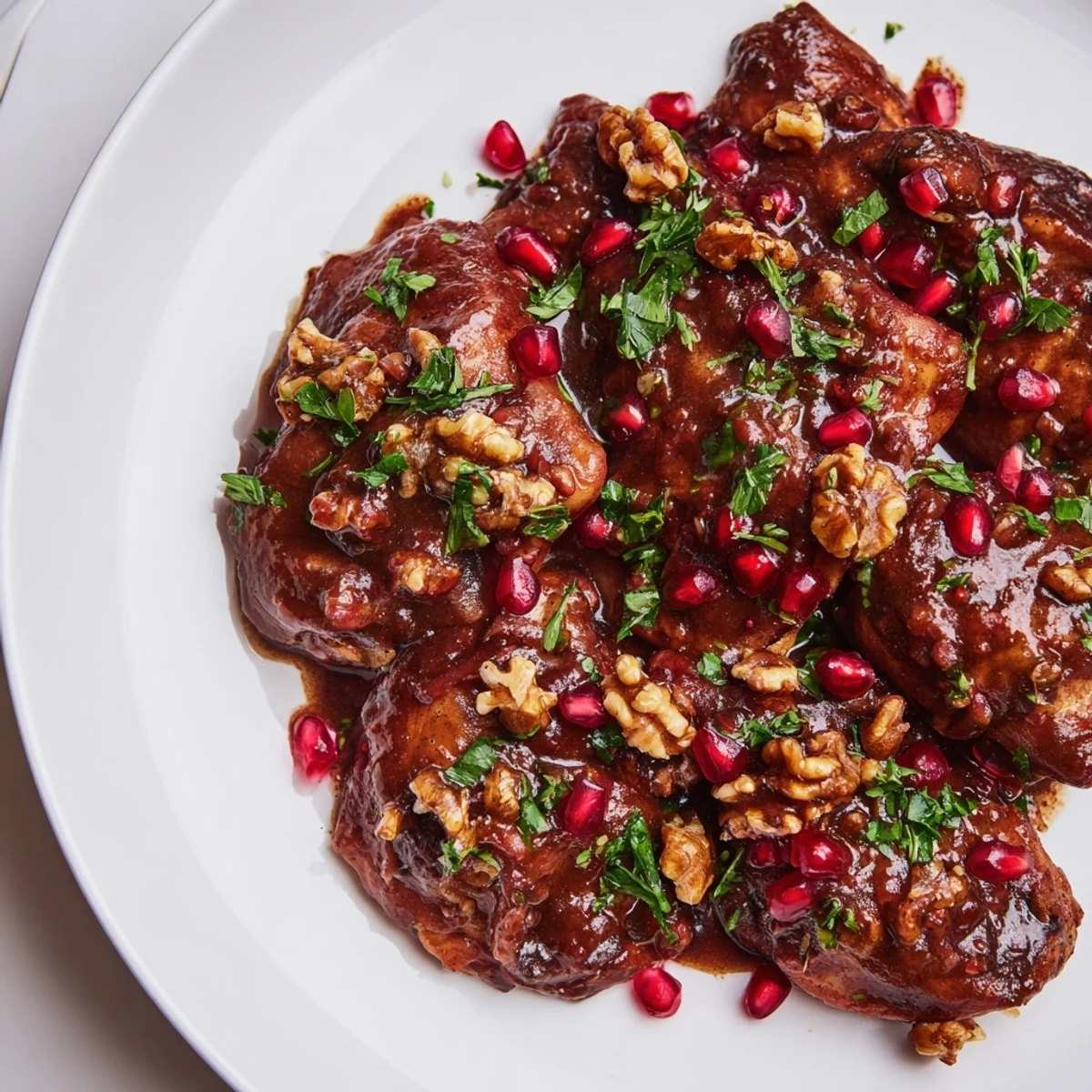 Savory Iranian Fesenjan stew, with glistening walnut sauce and scattered pomegranate seeds, ready to serve.