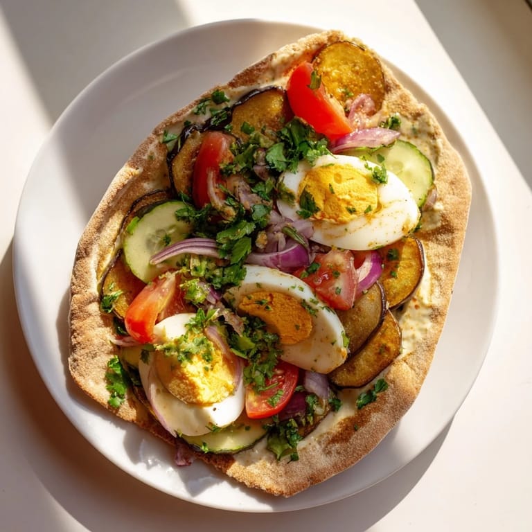 A close-up reveals the layers of an authentic Israeli Sabich, a flavorful vegetarian meal.