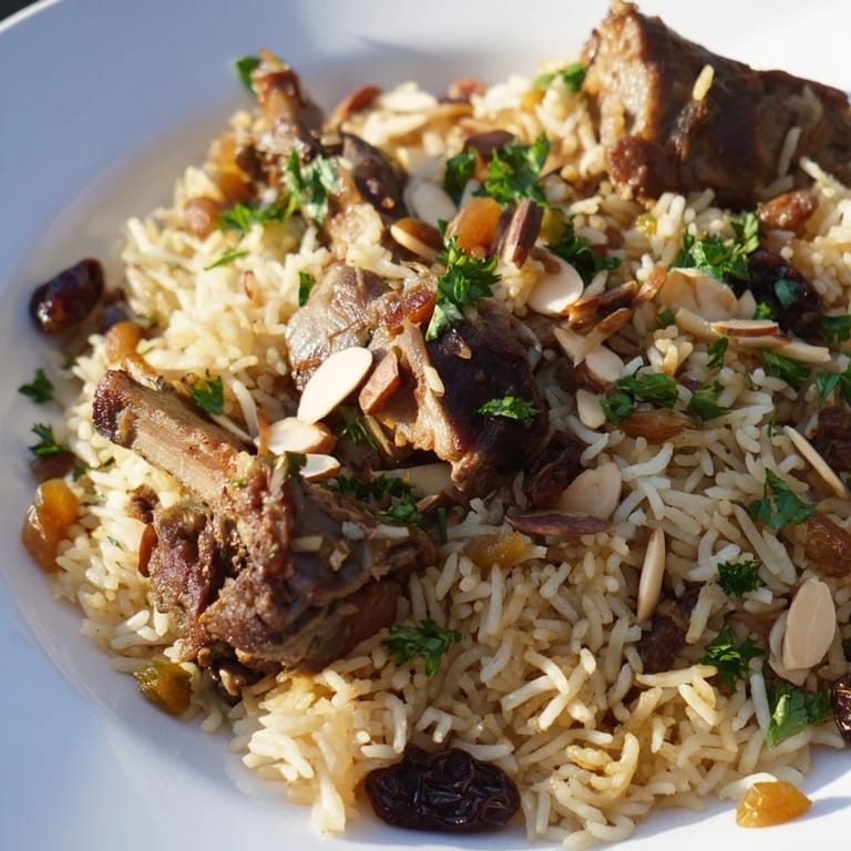 A close-up of fluffy Kabsa rice with tender meat, enriched with golden raisins and aromatic spices, ready to eat.