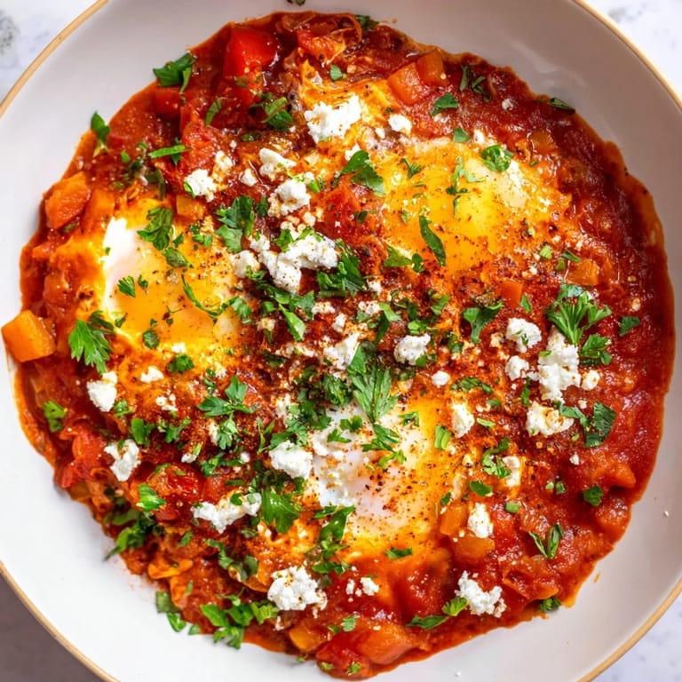 This vibrant Israeli Shakshuka features rich tomato sauce, served hot from the skillet with crusty bread.