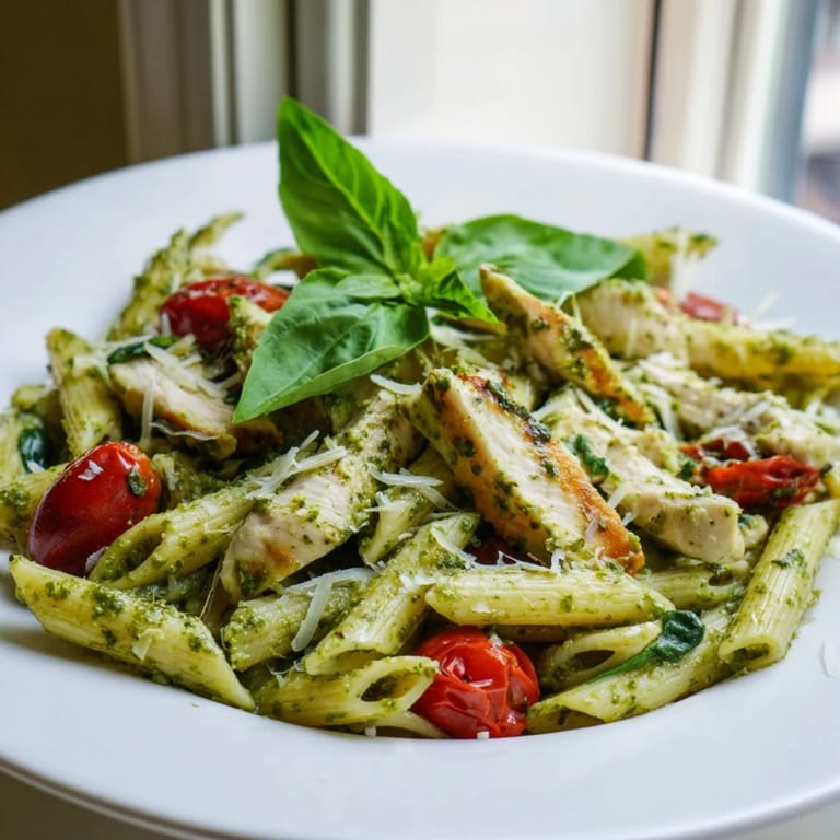 Savory pesto chicken pasta served hot, topped with fresh basil and grated Parmesan for a colorful weeknight meal.  
