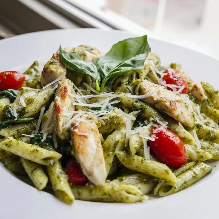 Twirling forkfuls of pesto chicken pasta feature tender slices of chicken, wilted spinach, and blistered tomatoes.