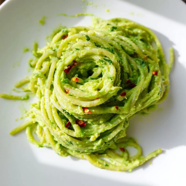 Smashed Avocado Pasta in a white bowl, garnished with basil leaves and a lime wedge, showcasing its rich, green sauce coating each strand of pasta.  