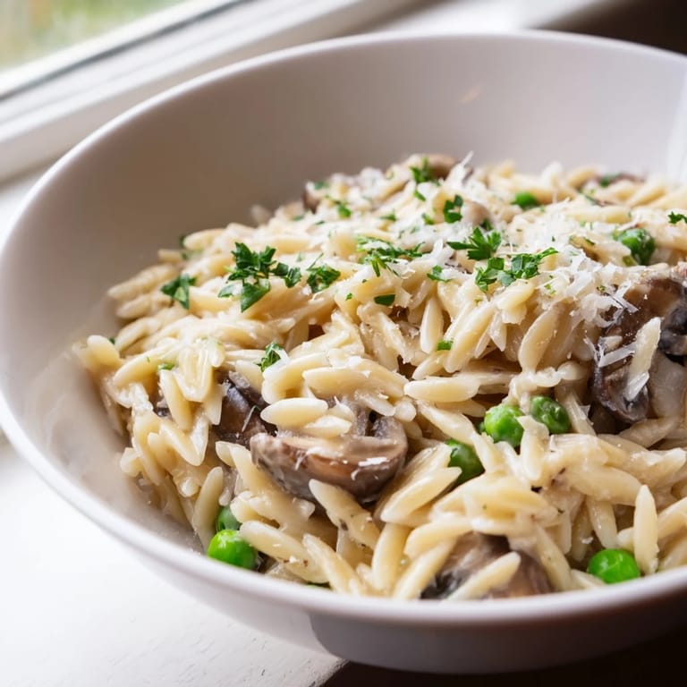 A hearty bowl of Orzo Mushroom Risotto-Style with earthy mushrooms and peas, topped with fresh parsley and extra Parmesan.  