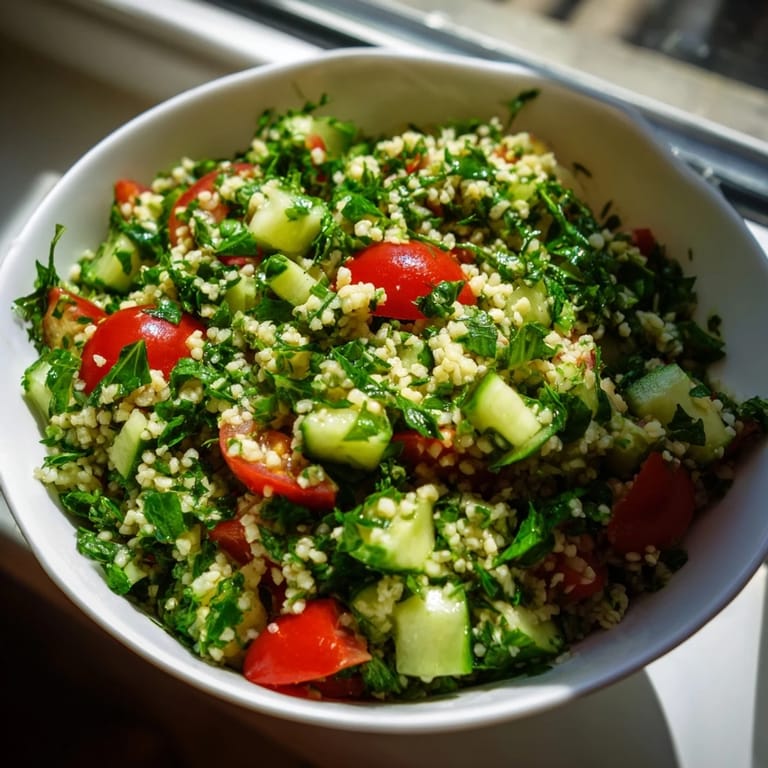 A vibrant bowl of Bulgur Wheat Salad Tabbouleh, garnished with mint and cucumber chunks.