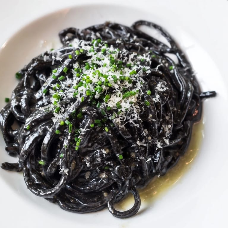 Dark, silky strands of squid ink pasta coated in a luscious cream sauce, garnished with lemon wedges.