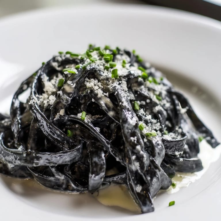 Luxurious black pasta twirled on a fork, drenched in creamy sauce and sprinkled with grated Parmigiano-Reggiano.