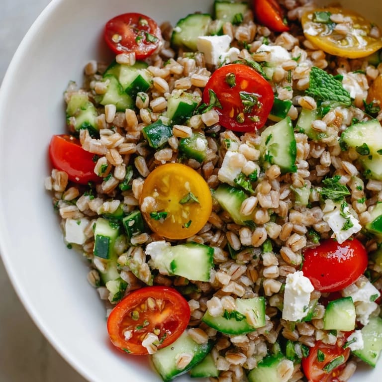 Close-up of Farro Salad Mediterranean, highlighting juicy tomatoes, briny olives, creamy feta, and a drizzle of lemon-oregano dressing.