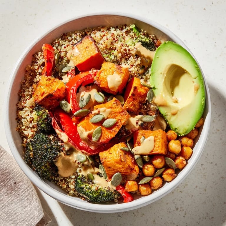 Fluffy quinoa and roasted broccoli rest in a bowl, drizzled with smooth tahini dressing.