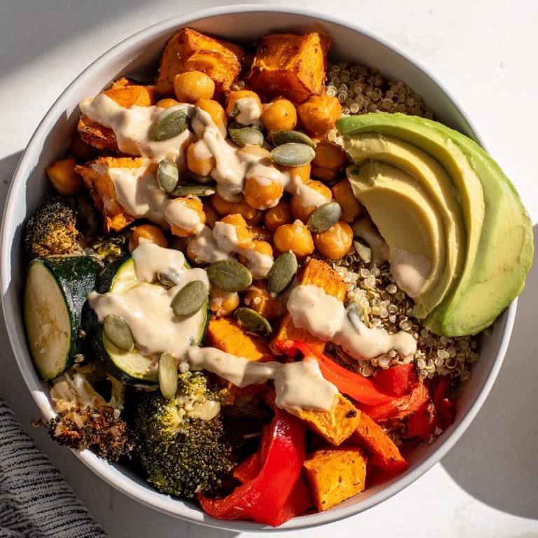 Hearty roasted vegetables and chickpeas fill this colorful Quinoa Buddha Bowl, garnished with fresh herbs.