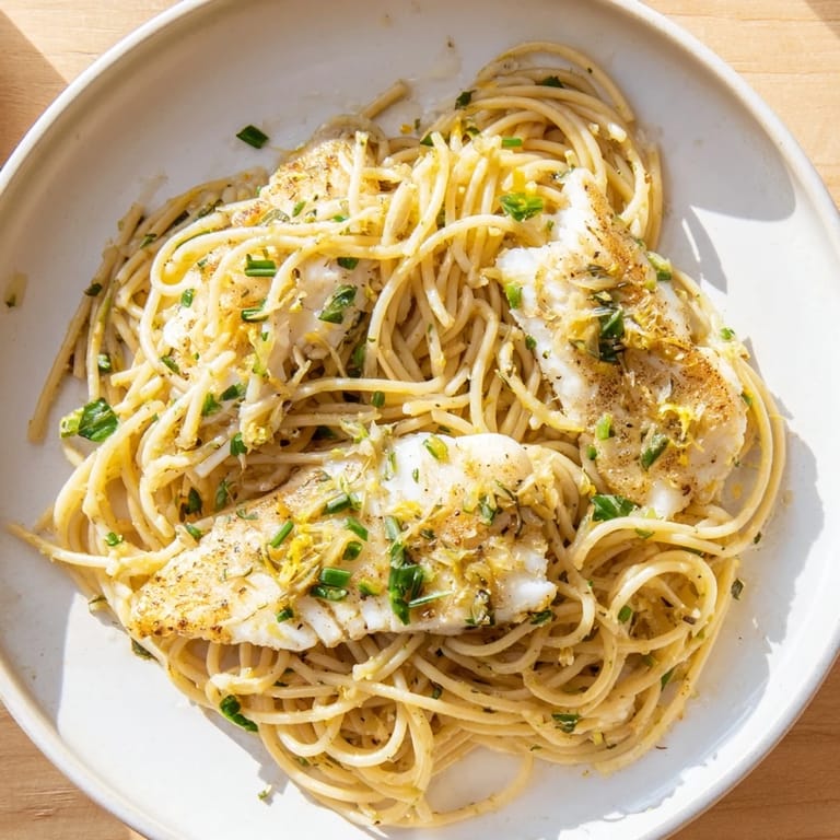 A close-up of a dinner plate shows flaky cod, glossy pasta, and fresh parsley, ready to be enjoyed as an easy weeknight dish.