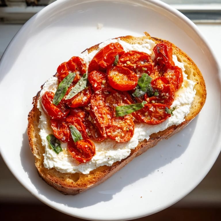 Fresh basil and flaky sea salt finish this Tomato Ricotta Toast served on rustic sourdough bread.