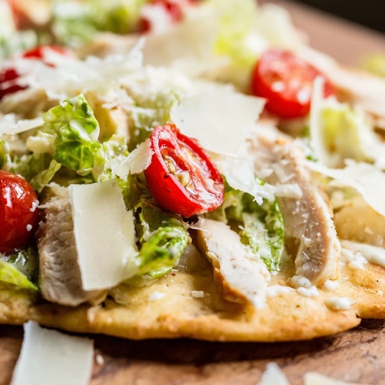 A close-up of Caesar Chicken Flatbread with cherry tomatoes, Parmesan, and lemon wedges.