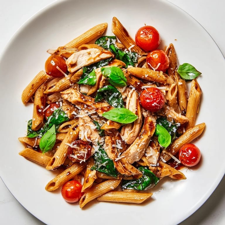 A close-up view of balsamic glazed chicken pasta served with cherry tomatoes and fresh basil, ready for an easy weeknight dinner.