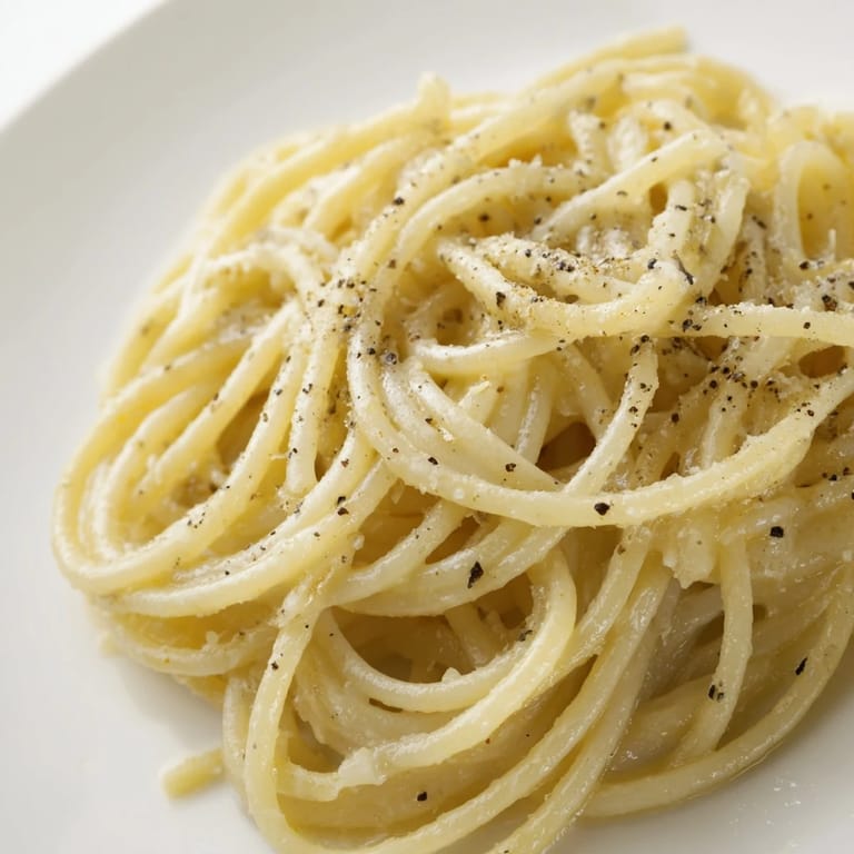 Creamy spaghetti cacio e pepe twirled on a fork, beside a glass of crisp Pinot Grigio and grated Pecorino.