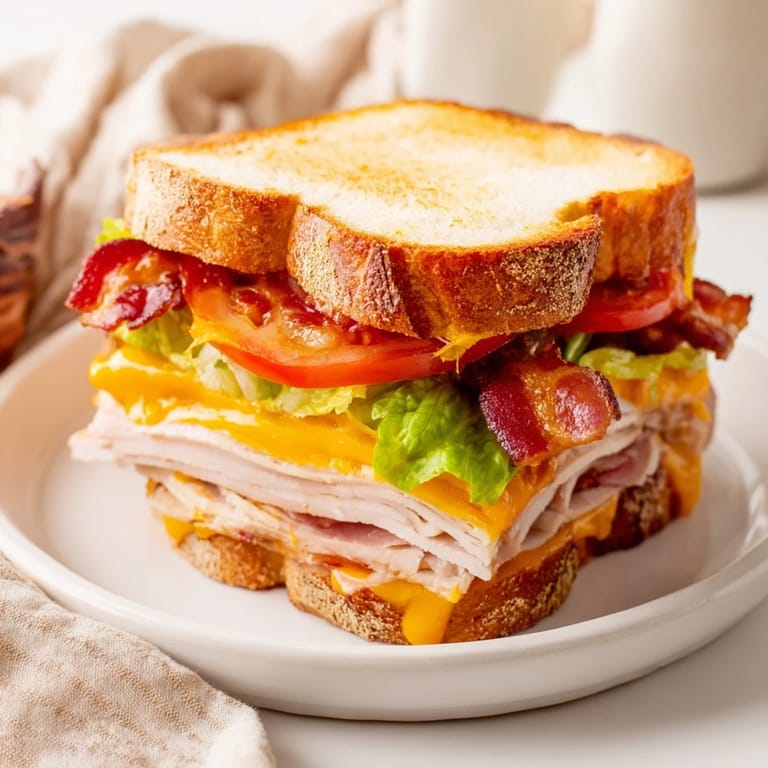 A close-up of a golden, buttery turkey club grilled cheese, layered with bacon, turkey, lettuce, and melted Swiss cheese.