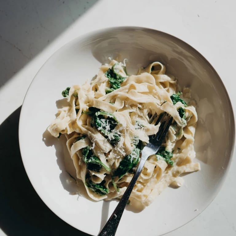 A close-up of Creamy Spinach Garlic Noodles, featuring wilted spinach and minced garlic in a luscious, silky sauce.