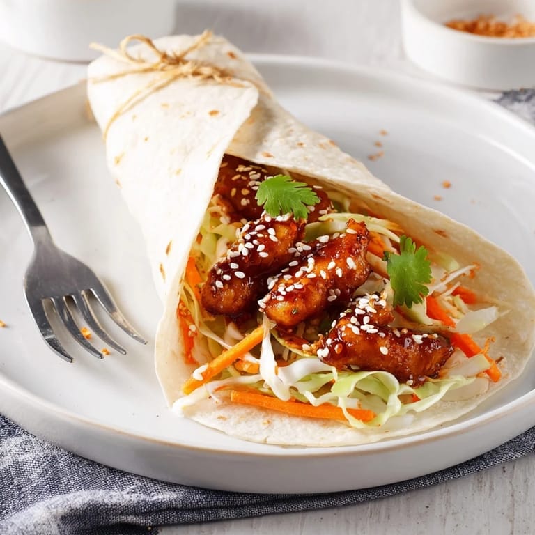 Glazed teriyaki chicken strips rolled with crunchy vegetables and sesame seeds, served warm for an easy weeknight meal.