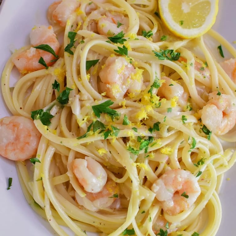 A close-up view of tender grilled chicken and succulent shrimp nestled in linguine with lemon wedges on the side.