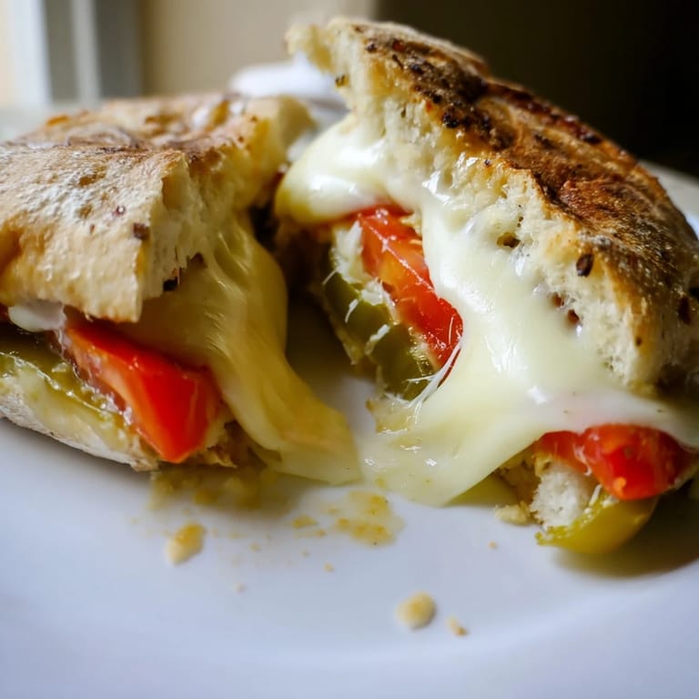 Close-up view of a Pepper Jack & Tomato Grilled Cheese, highlighting the grilled texture of the bread and the vibrant tomato filling.
