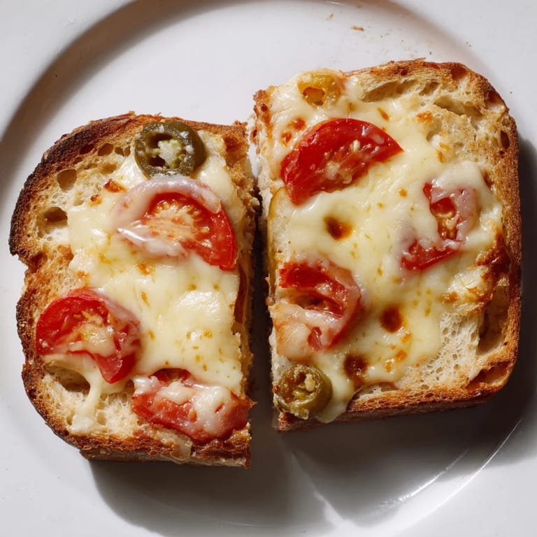 Two halves of Pepper Jack & Tomato Grilled Cheese on a plate, showcasing the spicy, melted pepper jack cheese and juicy red tomatoes.