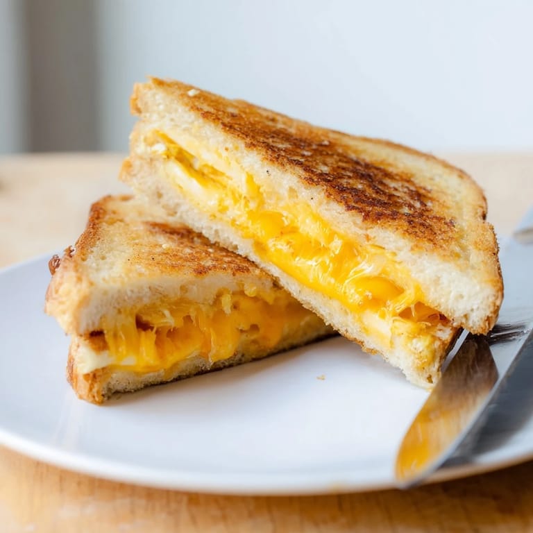 Toasted Triple Cheese Sourdough Grilled Cheese, cut diagonally and served beside a bowl of creamy tomato soup.