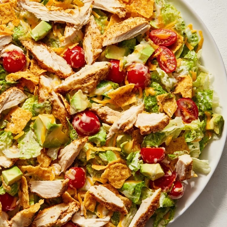 Freshly crushed taco shell pieces add texture to this vibrant Crunchy Taco Chicken Salad, topped with avocado and cherry tomatoes.  