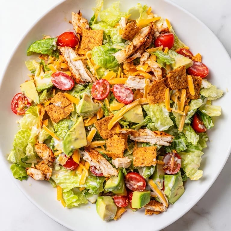 A serving bowl of Crunchy Taco Chicken Salad drizzled with creamy lime dressing and garnished with green onions.