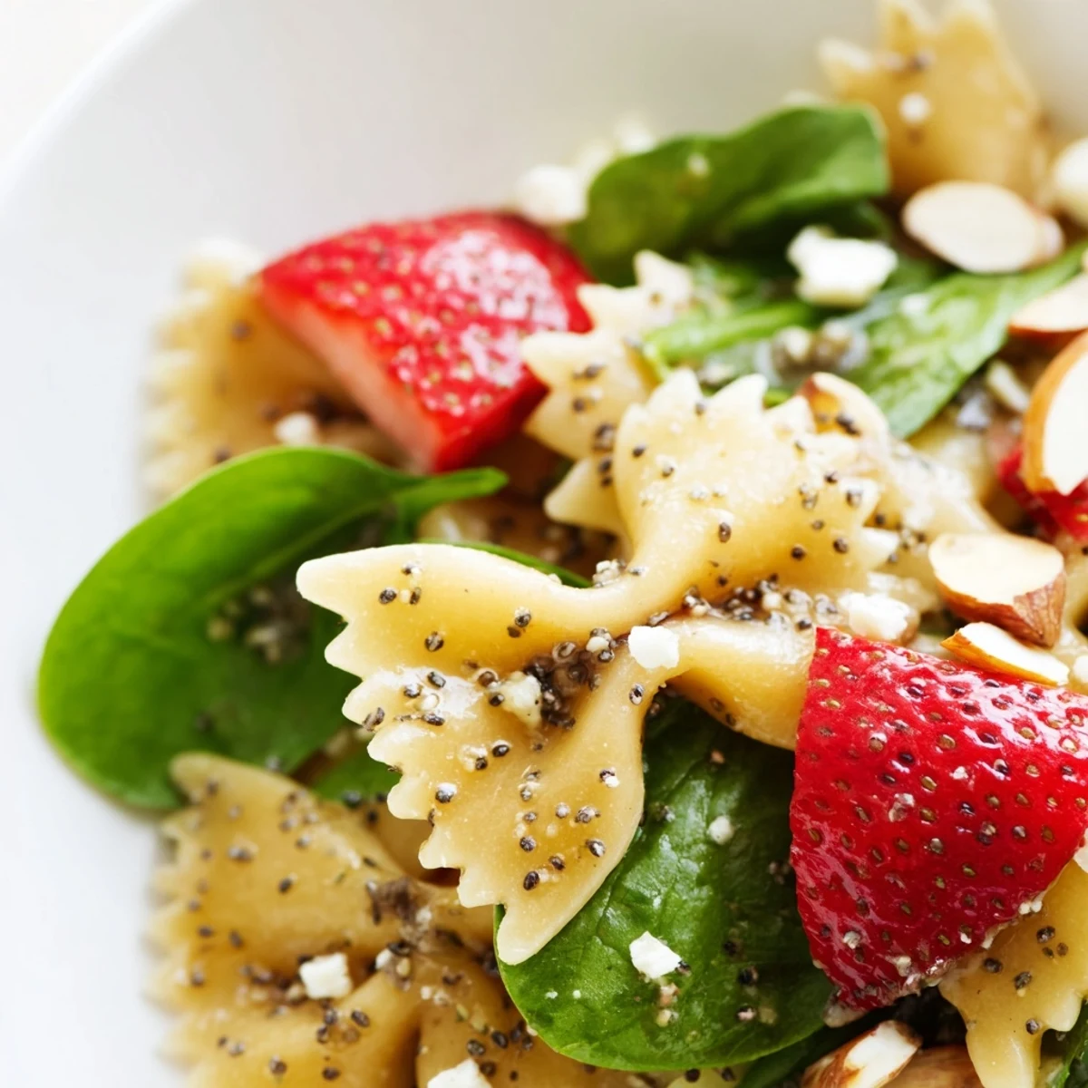 Tender bow-tie pasta shines in this refreshing Spring Spinach Strawberry Pasta Salad, mingling with fresh spinach, strawberries, and crunchy toasted almonds for an easy summer lunch.