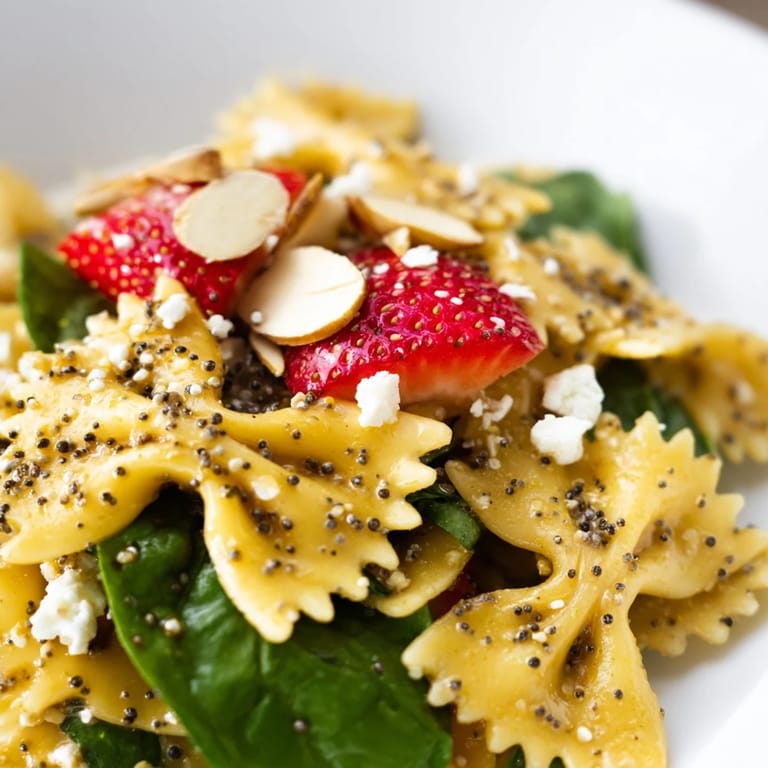 A serving bowl of Spring Spinach Strawberry Pasta Salad features juicy strawberries, crisp baby spinach, and farfalle pasta, finished with crumbled feta and a tangy poppy seed dressing.