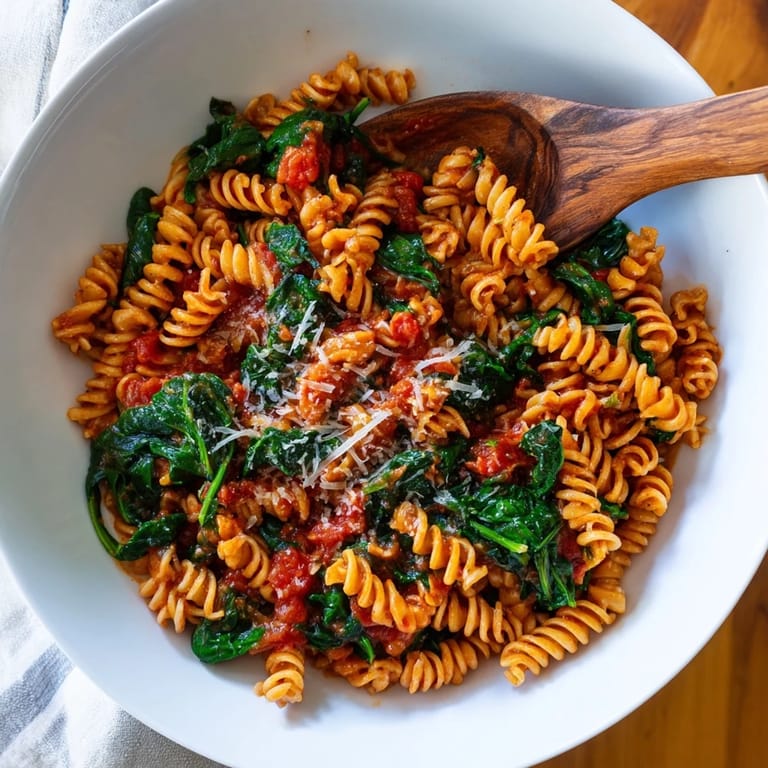 Vibrant red tomatoes and green spinach toss into twirly rotini pasta, creating an easy, flavorful vegetarian main dish.
