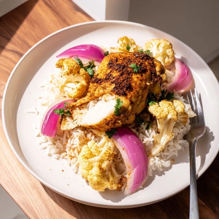 Colorful sheet pan meal featuring seasoned roasted cauliflower chicken alongside red onion, served over rice with fresh herbs.