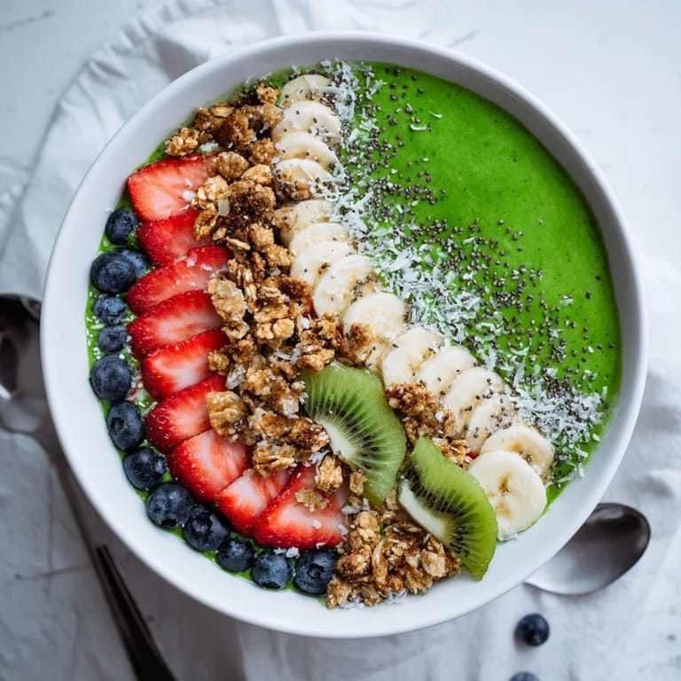 Thick, creamy spinach and mango smoothie bowl in a white bowl, sprinkled with crunchy granola and sliced kiwi for added texture.