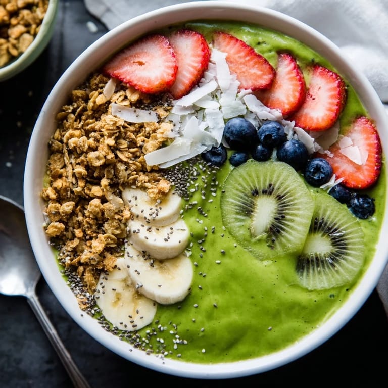 Healthy vegan green smoothie bowl featuring a spinach, banana, and mango base, garnished with fresh strawberries, blueberries, and hemp seeds.