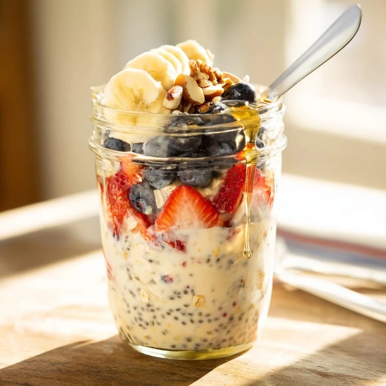 Spoon dipping into chilled Overnight Oats with Chia Seeds, revealing creamy texture and chopped almond toppings ready to enjoy.