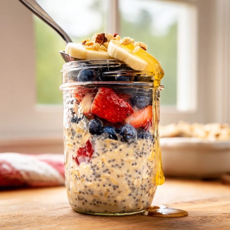 Two serving jars of Overnight Oats with Chia Seeds, layered with berries and a swirl of nut butter for busy mornings.
