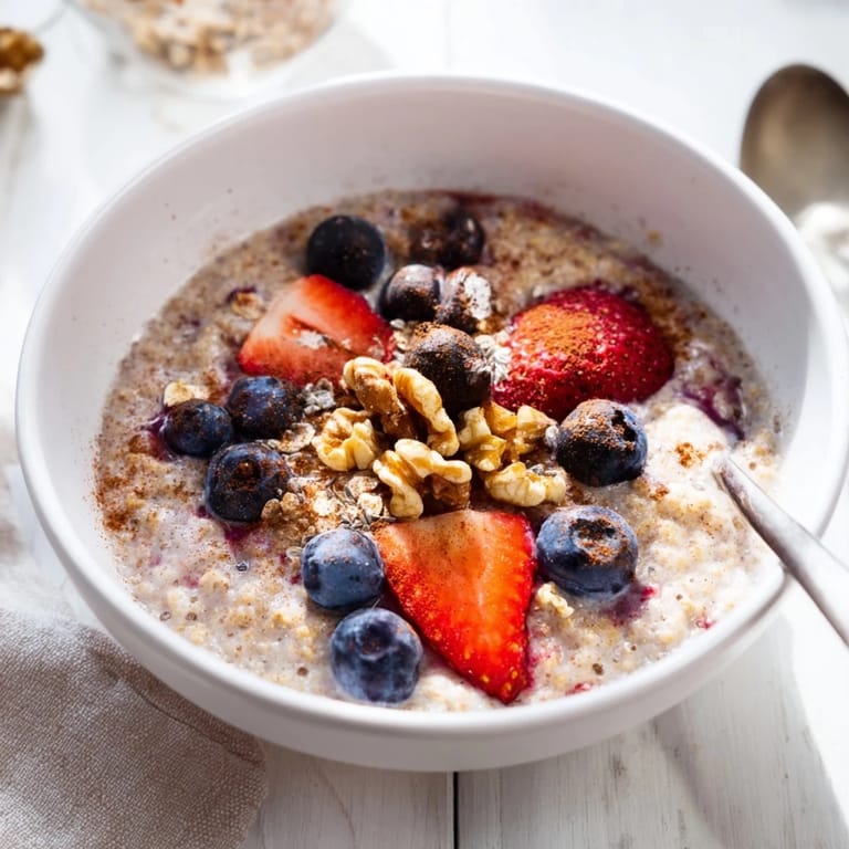 Steaming bowl of millet porridge with vibrant berries and a sprinkle of cinnamon, ready to enjoy.  