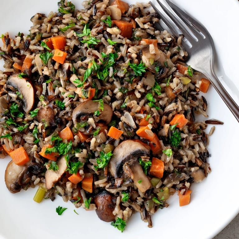 Golden sautéed mushrooms and tender wild rice pilaf with carrots, celery, and thyme, showcasing a hearty, earthy side dish ready to serve alongside roasted poultry.