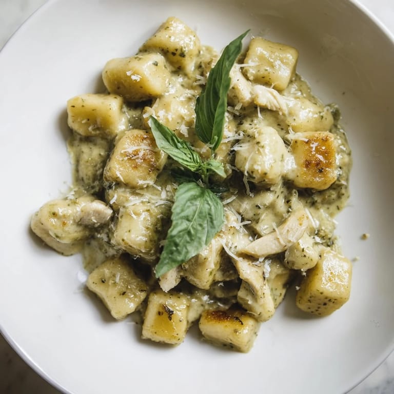 A close-up of creamy pesto gnocchi with chicken, garnished with fresh basil and grated Parmesan, perfect for a weeknight dinner.  