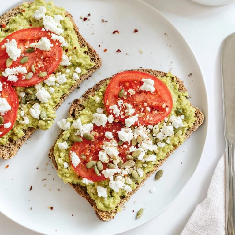 Healthy avocado toast on whole grain served with pumpkin seeds and vibrant tomato slices for breakfast.