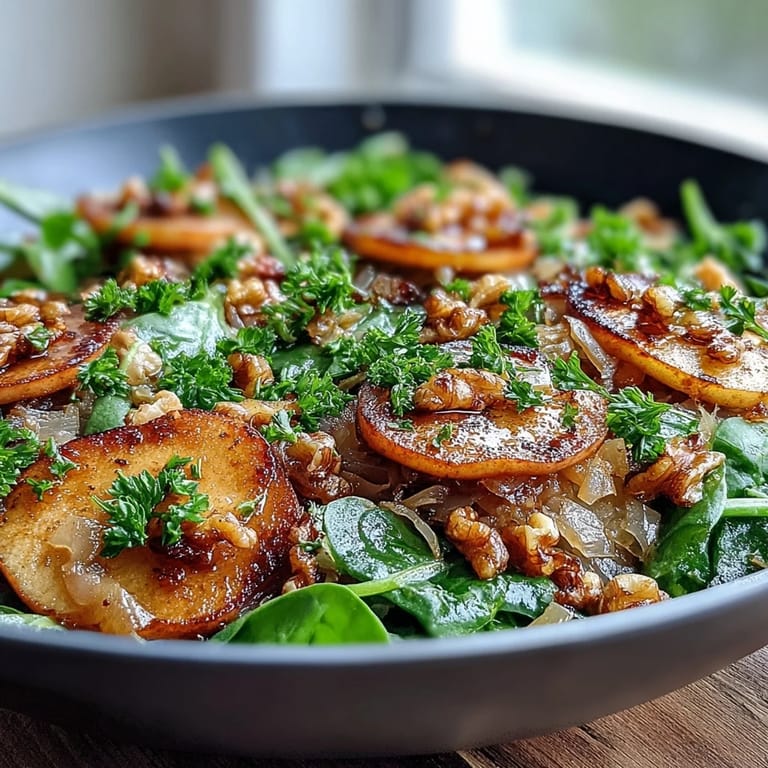 Serving suggestion of Warm Apple and Sauerkraut Skillet Salad paired with roasted pork.