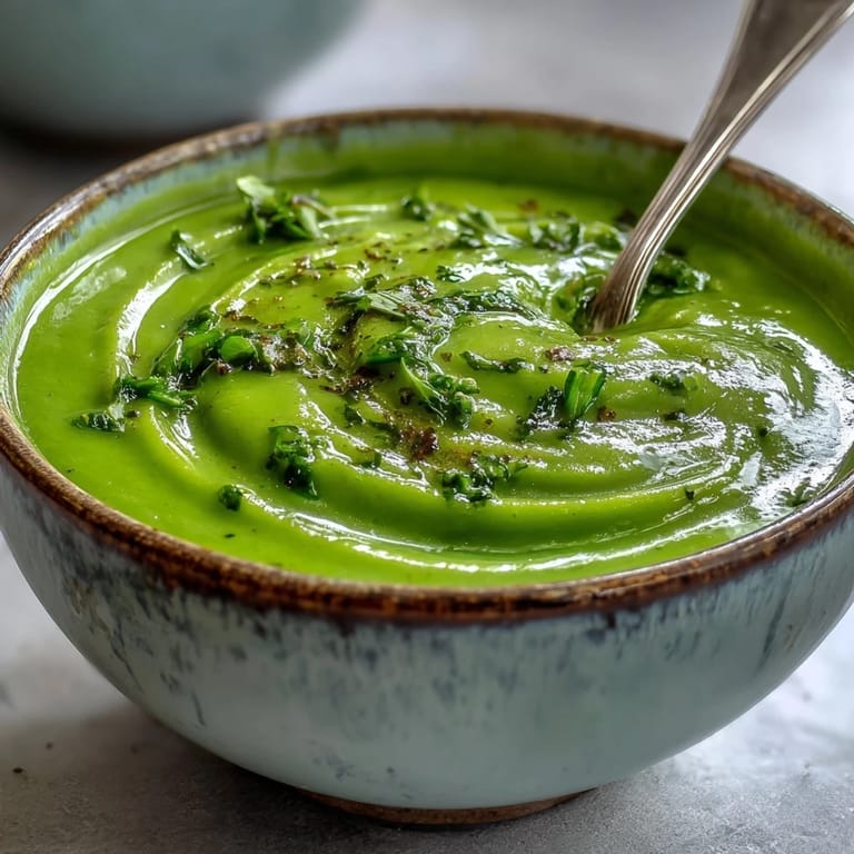 Courgette, Pea and Pesto Soup with a slice of crusty bread dipping into the vibrant green soup.