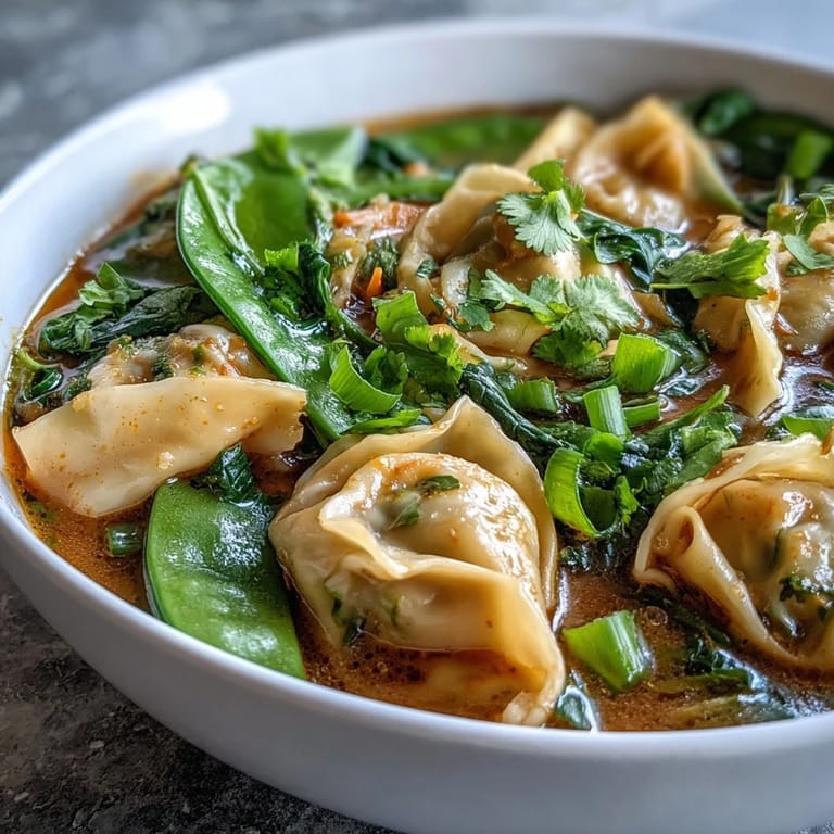 A bowl of Red Curry Wonton Soup with Greens garnished with cilantro and lime wedges, ready to be enjoyed.