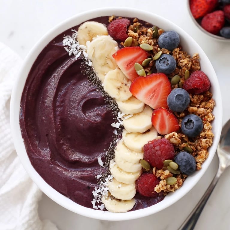 Homemade acai berry smoothie bowl garnished with fresh strawberries, toasted coconut flakes, and a drizzle of almond butter.