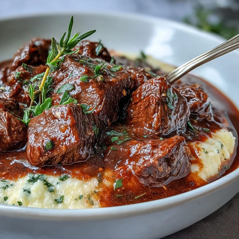 Creamy polenta is topped with Venison Stew with Sloe Gin, garnished with fresh thyme near a wine glass.