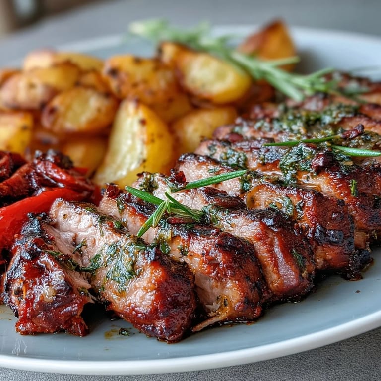 A golden-brown Ibérico pork fillet next to tender roast potatoes and vibrant red peppers, ready to be enjoyed.
