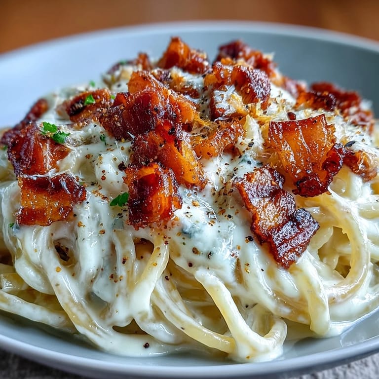 Close-up on Celeriac Carbonara featuring tender celeriac strands, rich Parmesan sauce, and crunchy pancetta bits on a rustic plate.