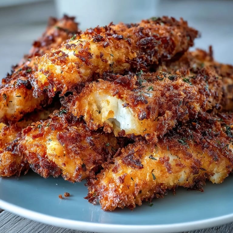 A close-up of Haddock Goujons With Parmesan Crust, showcasing golden breadcrumbs beside a vibrant bowl of homemade pea pesto.