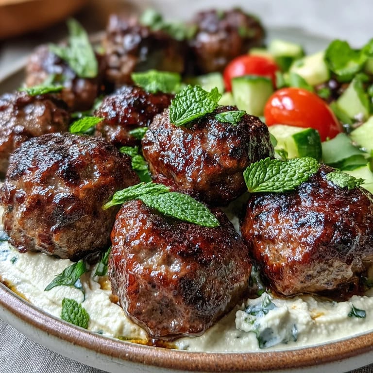 Tender venison meatballs with warming spices, accompanied by a vibrant salad and rich hummus, ideal for a balanced dinner.