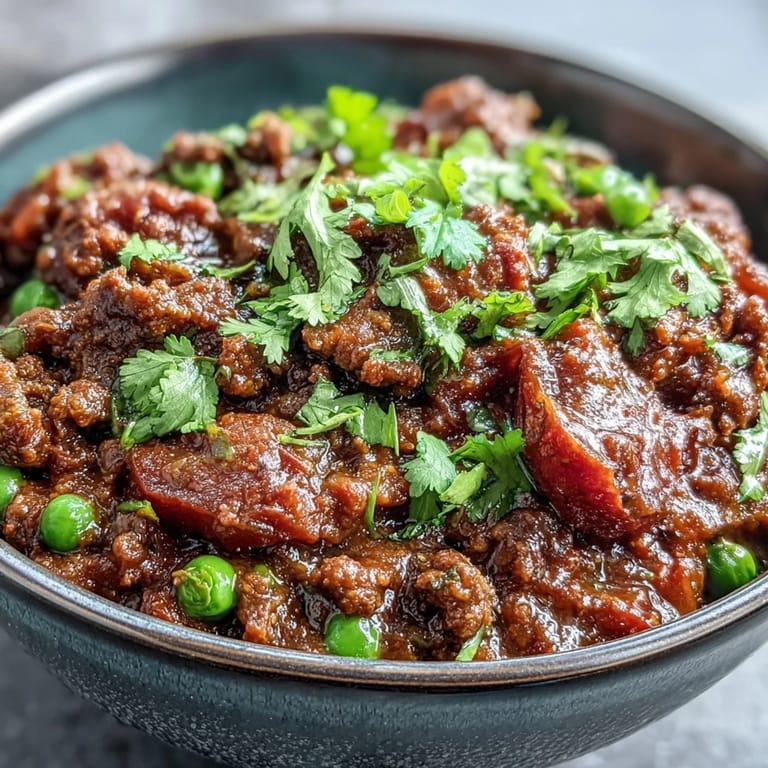 A hearty plate of Venison Keema Curry with tender meat and peas, perfect for a cozy gluten-free dinner.